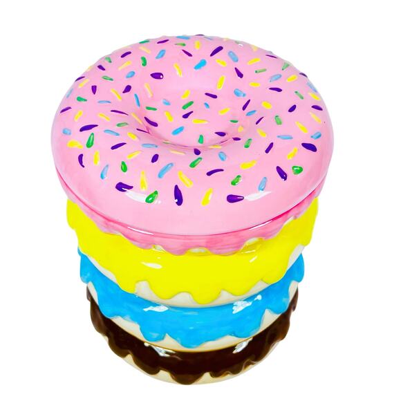 Coco + Lola Donut Cookie Jar Colorful Stack of Donuts Ceramic Kitchen Decor Used - Picture 2 of 9